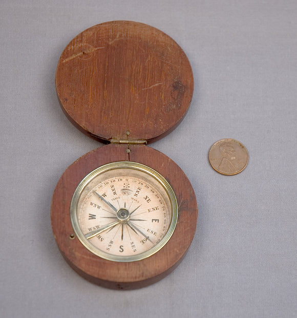 Antique Wood Case Pocket Compass with Eye